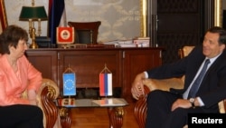 EU foreign-policy chief Catherine Ashton meets with Bosnian Serb President Milorad Dodik in Banja Luka on May 13.