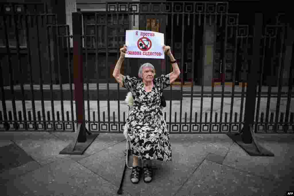 Lyudmila Alekseyeva, Moscow Helsinki Group president and a member of the Kremlin's human rights council, holds a poster reading "I Oppose Sadists' Law" as she pickets against Russia's NGO law in front of the State Duma in Moscow. Under the law signed by President Vladimir Putin on May 23, Russian prosecutors will be able to target foreign groups whose "undesirable activities" are deemed to threaten "state security" or the "basic values of the Russian state." (AFP/Kirill Kudryavtsev)