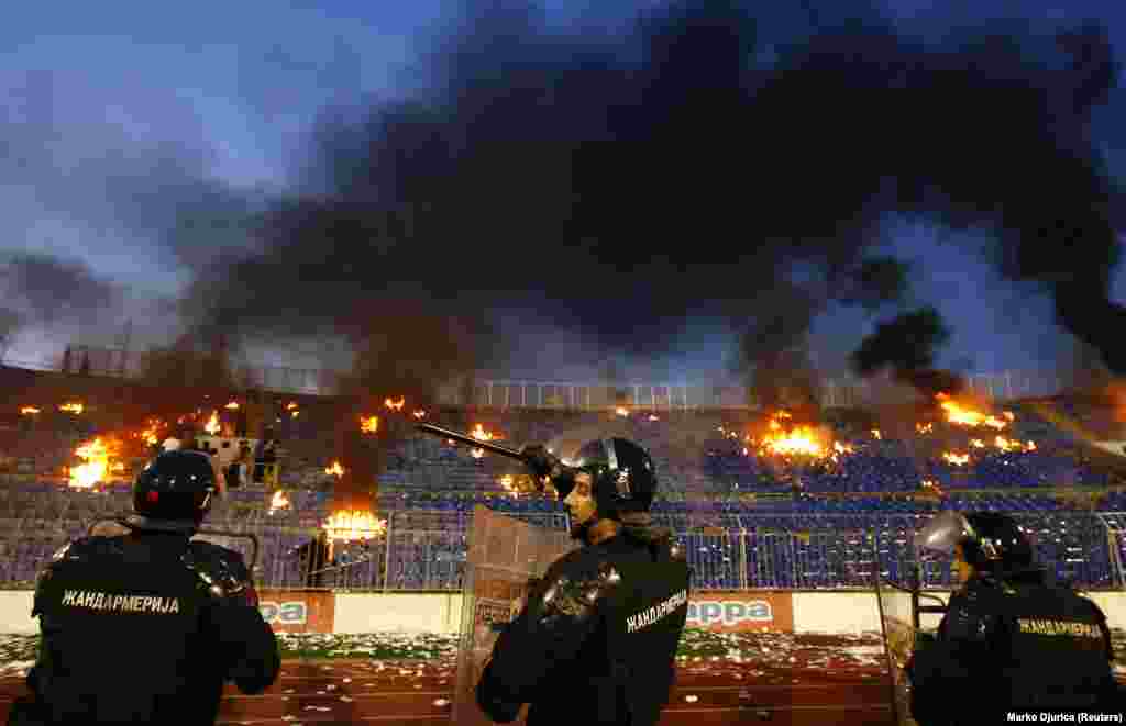 Fires burn in the stands after a Partizan versus Red Star match in April 2009.Cvijic says the rivalry has become uglier since the wars in the Balkans in the 1990s. "There were passionate fans," he says, "but after the match there wasn't fighting, there was some kind of humor over who was the winner and who is the loser." Now, he says, "it's different."