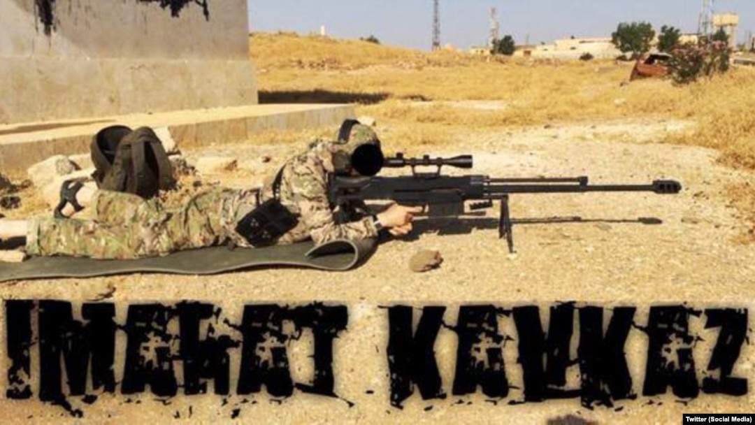 The Twitter account of a Chechen-led militant group posted a photo appearing to show a fighter firing a large-caliber sniper rifle.