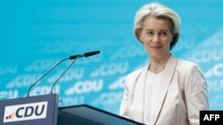 European Commission President Ursula von der Leyen speaks to the press in Berlin on June 10. 