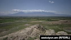 Armenia - A view of the Armenian-Turkish border from the Khor Virap monastery, June 7, 2025.