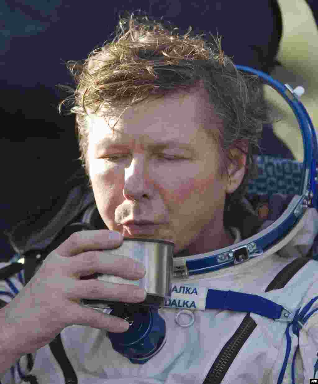 Padalka sips a cup of tea shortly after landing. Padalka has now spent 711 days in space over four different missions, which ranks him fourth on the all-time list.