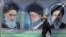 A woman in Tehran walks past a banner bearing the images of former Iranian supreme leaders Ayatollah Ruhollah Khomeini (left), Ayatollah Ali Khamenei (center), and his son, the current supreme leader, Mojtaba Khamenei. 