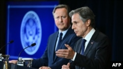 U.S. Secretary of State Antony Blinken (right) and British Foreign Secretary David Cameron hold a joint press conference at the State Department in Washington on April 9.