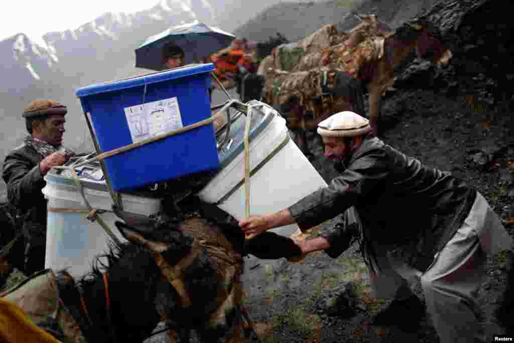 An Afghan man loads ballot boxes and other election material on a donkey to be transported in polling stations that are not accessible by road in Shutul, Panjshir Province, on April 4. (Reuters/Ahmad Masood)