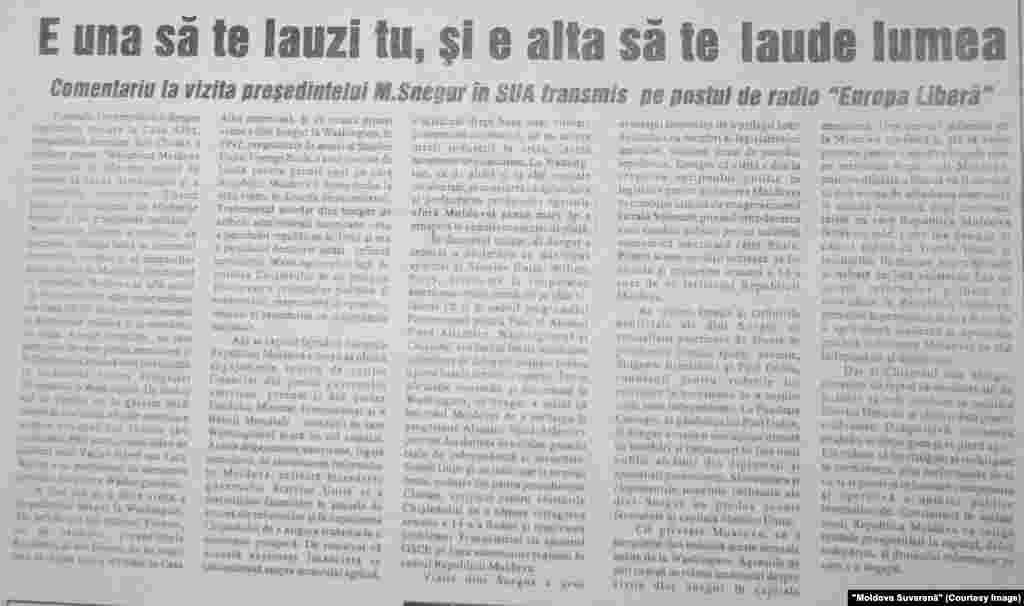 &quot;Moldova Suverană&quot; 14 februarie 1995, comentariul Europei Libere despre vizita lui Mircea Snegur la Washington