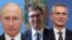 Predsednici Rusije i Srbije Vladimir Putin i Aleksandar Vučić i generalni sekretar NATO Jens Stoltenberg - combo photo.
