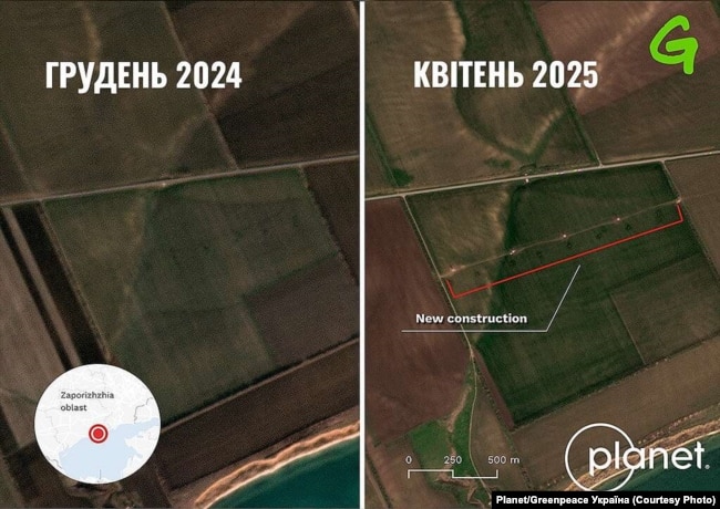 Супутниковий знімок нової лінії електропередач, що будується Росією на тимчасово окупованій території України для з’єднання Запорізької АЕС з Ростовом у Росії