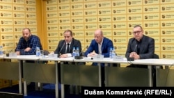 Sleva nadesno: Robert Barać, Miša Vacić, Pavle Bihali i Goran Davidović u Medija centru, Beograd, 30. decembar 2024.