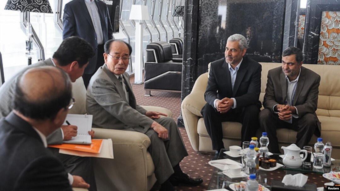 Kim Yong Nam (third from left), chairman of the Presidium of the Supreme People's Assembly of North Korea, attends a meeting with officials at the Nonaligned Movement summit in Tehran on August 29.