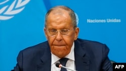 Russian Foreign Minister Sergei Lavrov listens during a press conference at UN headquarters in New York on July 17, 2024.