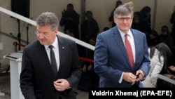 Miroslav Lajcak (left), the EU's special representative for the Pristina-Belgrade Dialogue, and U.S. Deputy Assistant Secretary of State Matthew Palmer are seen following meetings with Kosovar political leaders in Pristina on June 1.