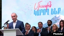 Armenia - Former President Robert Kocharian addresses an election campaign rally in Vagharshapat, May 8, 2026.