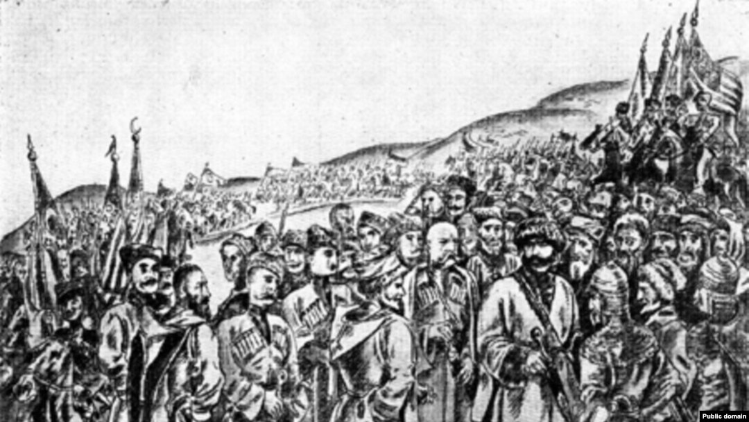 Нажмудин Гоцинский провозглашен муфтием Северного Кавказа. 20 августа 1917 г. Анди, Дагестан. Рисунок с натуры художника Халилбека Мусаева. 