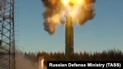 An intercontinental ballistic missile is launched from the Plesetsk State Test Cosmodrome on December 9, 2020.