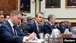 Pentagon Chief Financial Officer Jules W. Hurst, US Defense Secretary Pete Hegseth, and others attend a House Armed Services Committee hearing on Capitol Hill in Washington on April 29.