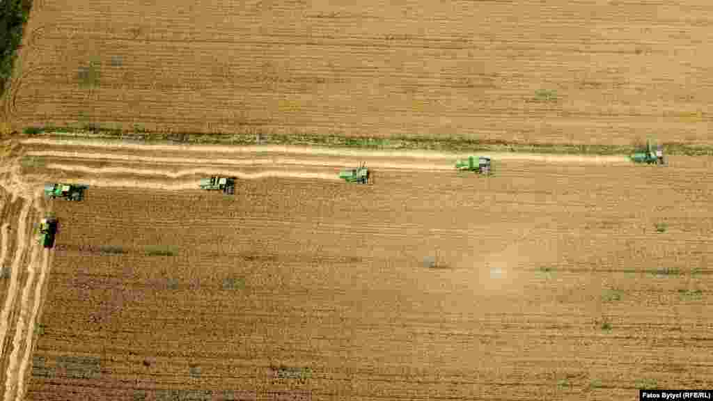 Gjashtë kombajna shihen në një fushë të mbjellë me grurë në afërsi të Prishtinës. &nbsp;