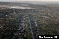 The destroyed village of Klishchiyivka photographed in September 2023. Vladyslav's position was near the historic church seen in the upper left.