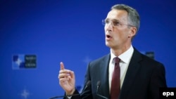 New NATO Secretary-General Jens Stoltenberg gives his first press conference at alliance headquarters in Brussels on October 1.