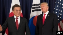 Președintele coreean Moon Jae-in și omologul său american Donald Trump înaintea unui dineu oficial la consulatul american de la Hamburg, în marginea summitului G20 din 7-8 iulie 2017