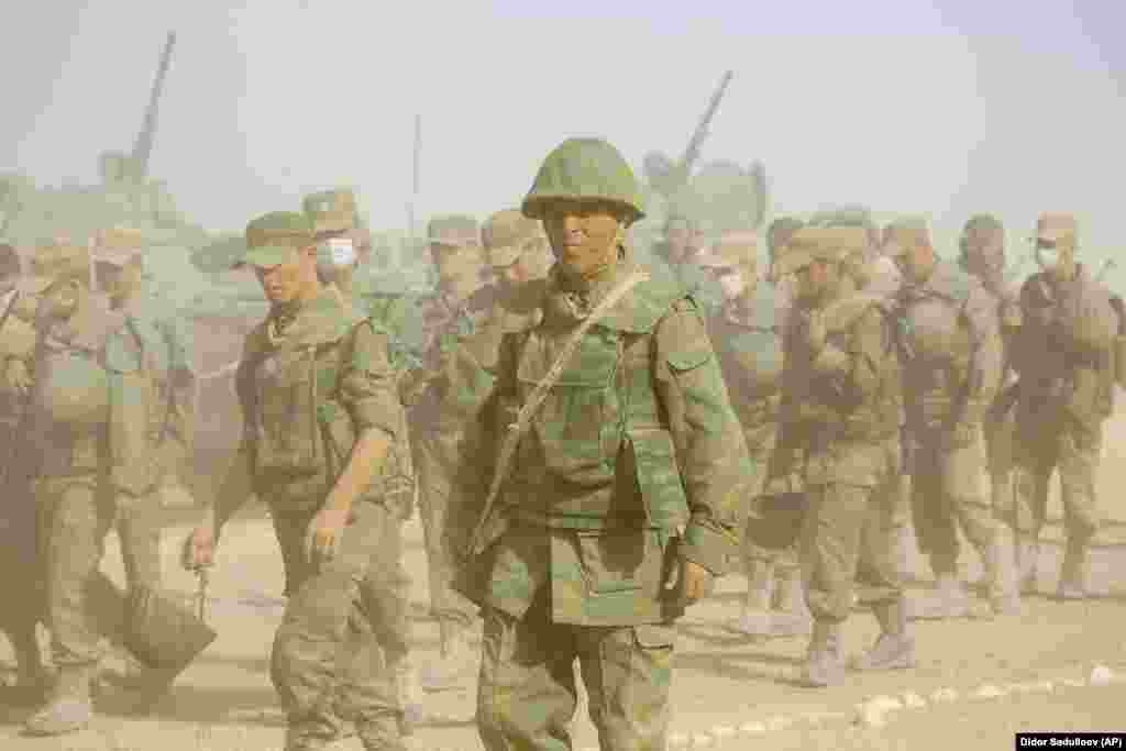 Soldiers from Tajikistan march during the drills.&nbsp;