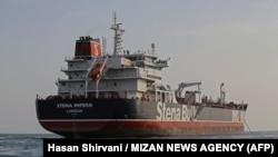 A picture taken on July 21 shows the British-flagged tanker Stena Impero anchored off the Iranian port city of Bandar Abbas.