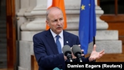 Premijer Irske Mišel Martin govori na ceremoniji preuzimanja  predsedavanja Savetom Evropske unije, Dablin, 1. jul 2026.