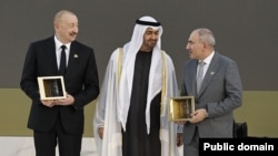 Armenian Prime Minister Nikol Pashinian and Azerbaijani President Ilham Aliyev receive a Zayed Award for Human Fraternity, February 4, 2025.