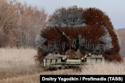 A Russian tank fitted with hedgehog armor in the Donetsk region of Ukraine