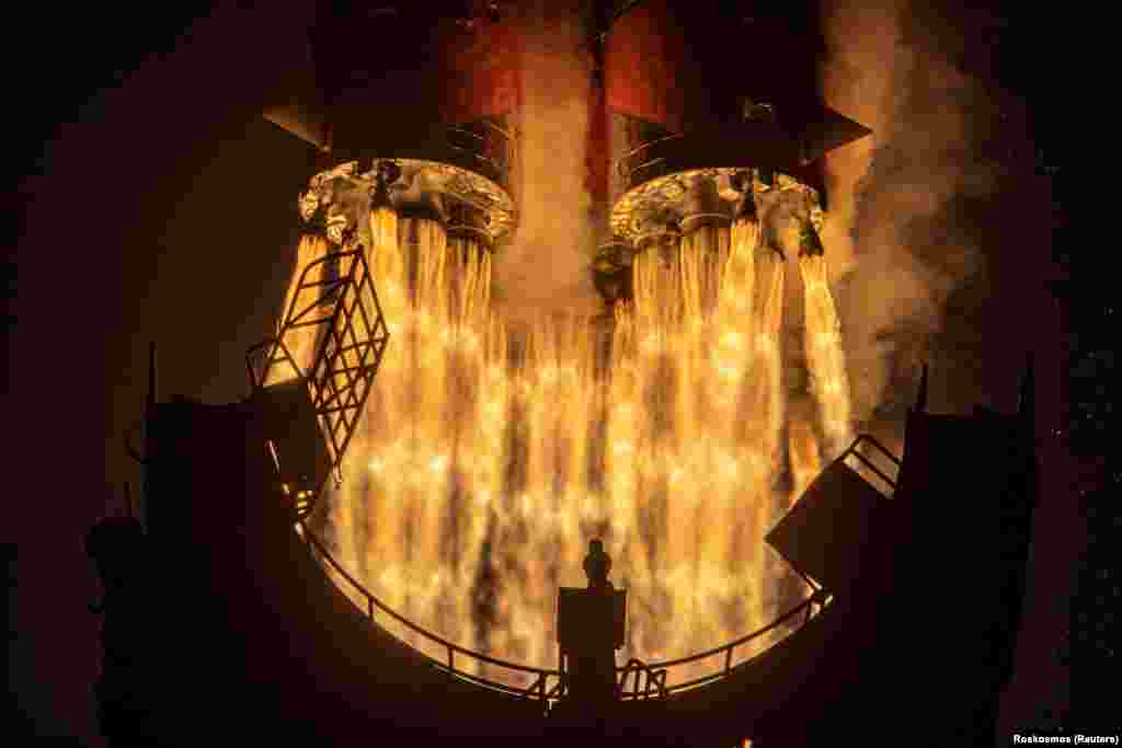 A carrier rocket with the Russian Progress MS-16 cargo spacecraft aboard blasts off to the International Space Station from the launchpad at the Baikonur Cosmodrome in Kazakhstan on February 15. (Reuters/Roskosmos)