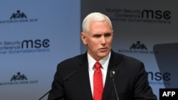 U.S. Vice President Mike Pence delivers a speech during the 55th Munich Security Conference in Munich on February 16.