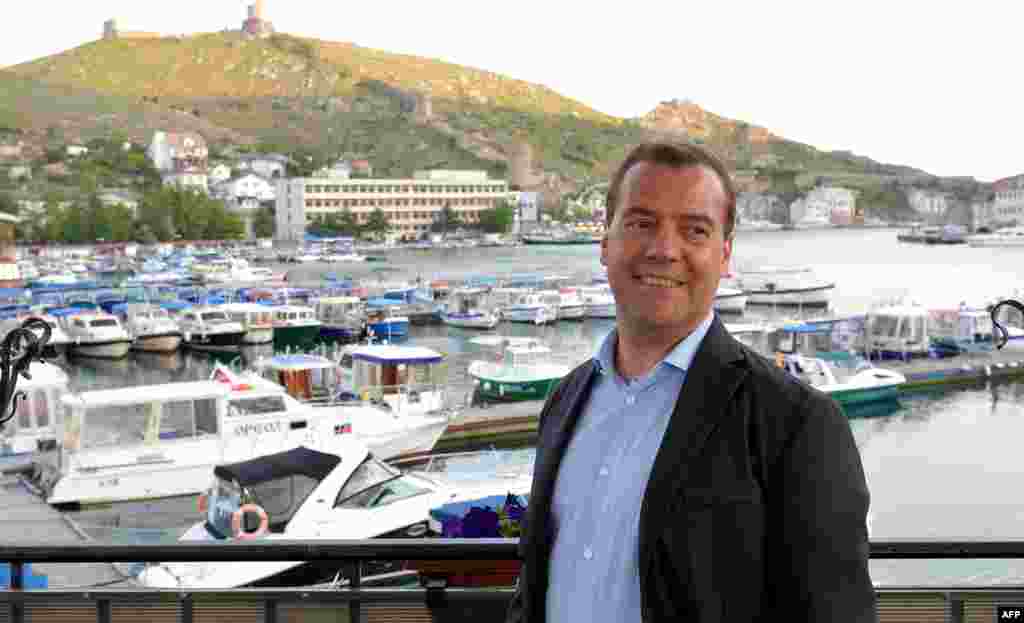 Medvedev, again prime minister, visits the Crimean port of Sevastopol on May 25, 2014. He was the first Russian leader to visit the Crimean Peninsula after it was annexed by Russia in March 2014.&nbsp;