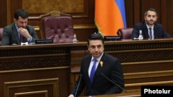 Armenia - Speaker Alen SImonian addresses a session of the Armenian parliament, Yerevan, April 14, 2026.
