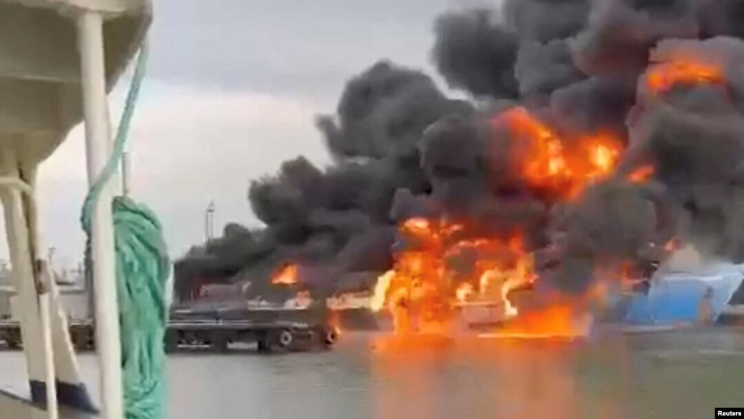 A photo shared on social media showing a blaze at the port of Kavkaz on August 22.
