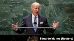 U.S. President Joe Biden speaks during the 76th Session of the U.N. General Assembly in New York on September 21.