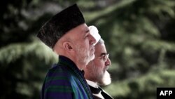 Afghan President Hamid Karzai (left) and his Iranian counterpart, Hassan Rohani, during a welcoming ceremony at Tehran's Saadabad Palace on December 8.