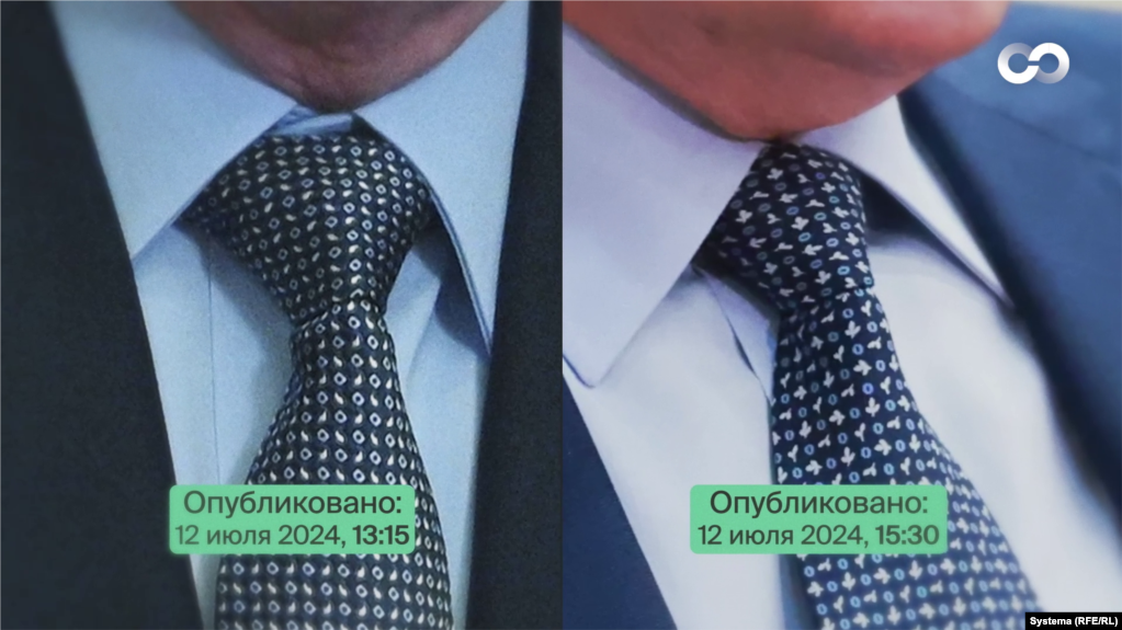 Dy kravata të ndryshme shfaqen tek Putini në botimet e Kremlinit për të njëjtën datë, 12 korrik 2024. Putini zakonisht nuk i ndërron kravatat për dy takime radhazi. Ai i mbante këto kravata në zyra të ndryshme.