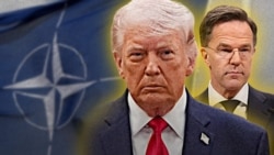 აშშ-ის პრეზიდენტი დონალდ ტრამპი და ნატოს გენერალურ მდივანი მარკ რიუტე, ნატოს სიმბოლიკის ფონზე. ფოტოილუსტრაცია