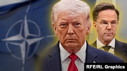 აშშ-ის პრეზიდენტი დონალდ ტრამპი და ნატოს გენერალურ მდივანი მარკ რიუტე, ნატოს სიმბოლიკის ფონზე. ფოტოილუსტრაცია