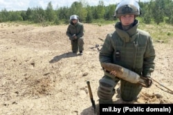 Belarusian military sappers during the demining of the site near the village of Paulauka in May 2024.