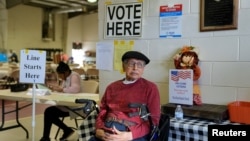 Bill Hernandez, 101, sits after voting during the 2024 U.S. presidential election in Floyd Road Baptist Church in Austell, Georgia, on November 5.