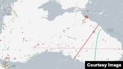 Marine traffic along the route of the Sadovnikovs’ Black Sea crossing. The green line roughly traces the course they say they took from Russia to Turkey.