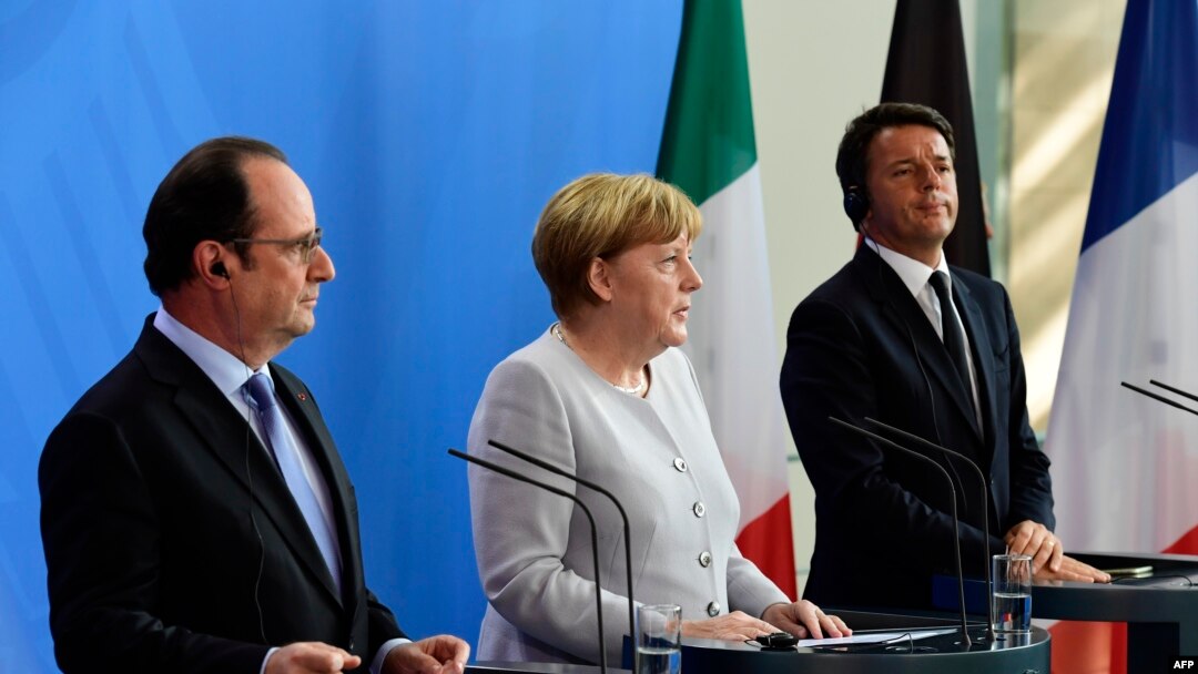 Predsjednik Francuske Francois Hollande, njemački kancelar Angela Merkel i italijanski premijer Matteo Renzi nakon sastanka o Brexitu, Berlin, 27. juna 2016.