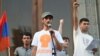 Armenia - "Electric Yerevan" protest leaders Narek Ayvazian (L) and Davit Sanasarian (R) hold a rally in Liberty Square, Yerevan, 10Jul2015.