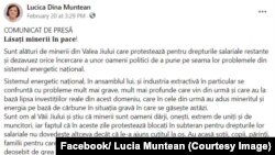 Senatoarea Lucia Muntean a scris pe Facebook că e alături de mineri