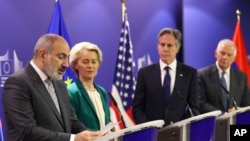 Armenian Prime Minister Nikol Pashinian speaks during a joint event with European Commission President Ursula von der Leyen, U.S. Secretary of State Antony Blinken, and EU High Representative for Foreign Affairs and Security Policy Josep Borrell in Brussels on April 5, 2024