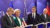 Belgium - Armenian Prime Minister Nikol Pashinian, European Commission President Ursula von der Leyen, U.S. Secretary of State Antony Blinken and EU foreign policy chief Josep Borrell address the media in Brussels, April 5, 2024. 