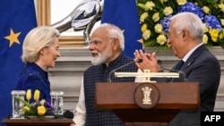 Predsednica Evropske komisije Ursula fon der Lajen, indijski premijer Narendra Modi i predsednik Evropskog saveta Antonio Košta, Nju Delhi, Indija, 27. januara 2026.