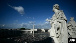 This photograph shows a general view of St Peter's Square as the cardinals signaled they elected a new pope during their secret conclave, in The Vatican, on May 8, 2025.